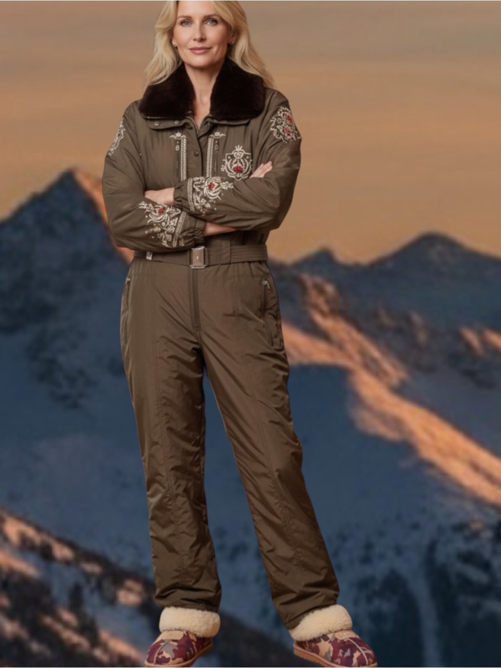 Bogner Brown Embroidered Ski Jumpsuit with Dark Fur Collar